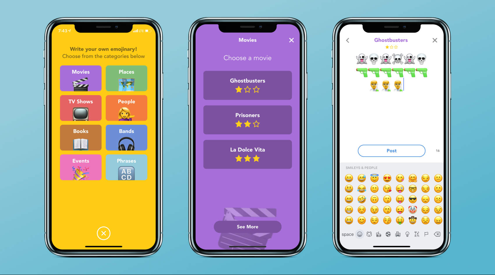 Three iPhones—the first showing the categories available in Emojinary, the second showing three clues for the catgory 'Movies', and the thirds showing the user composing their clue for the movie 'Ghostbusters'