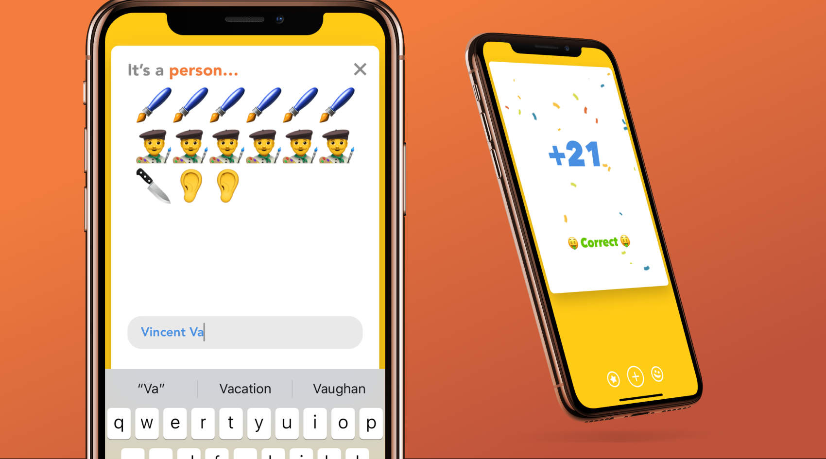 Two iPhones, one with an emojinary clue being answered and another showing the result of the player answering correctly.