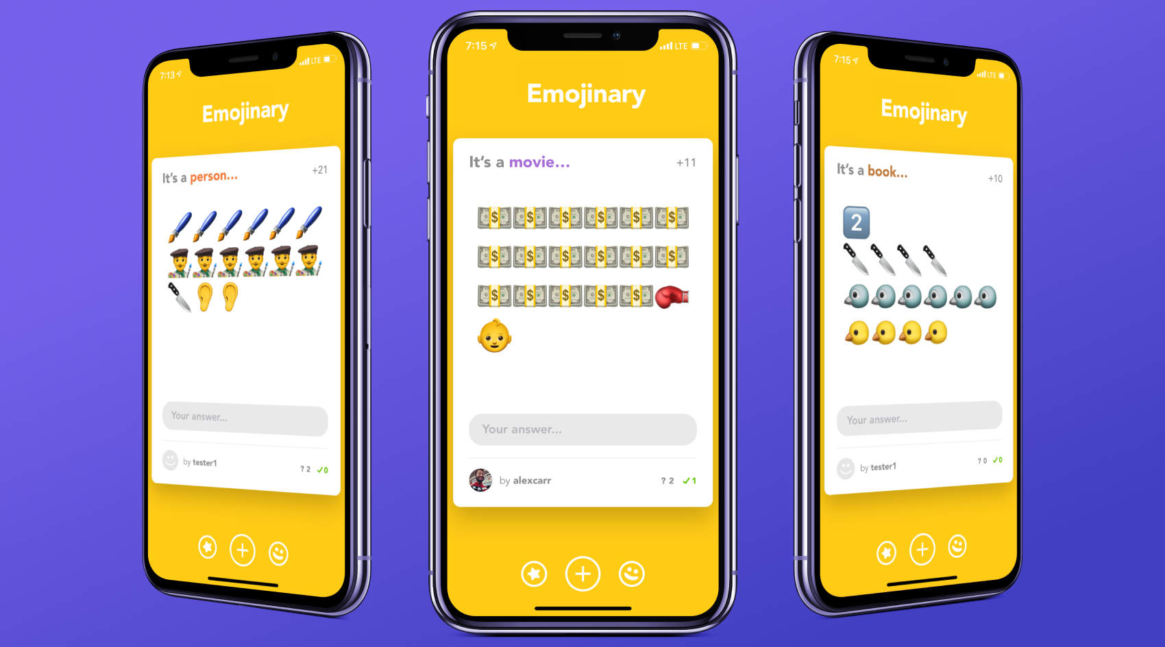 An image of three iPhones, each showing a different emoji clue on the Emojinary homescreen.
