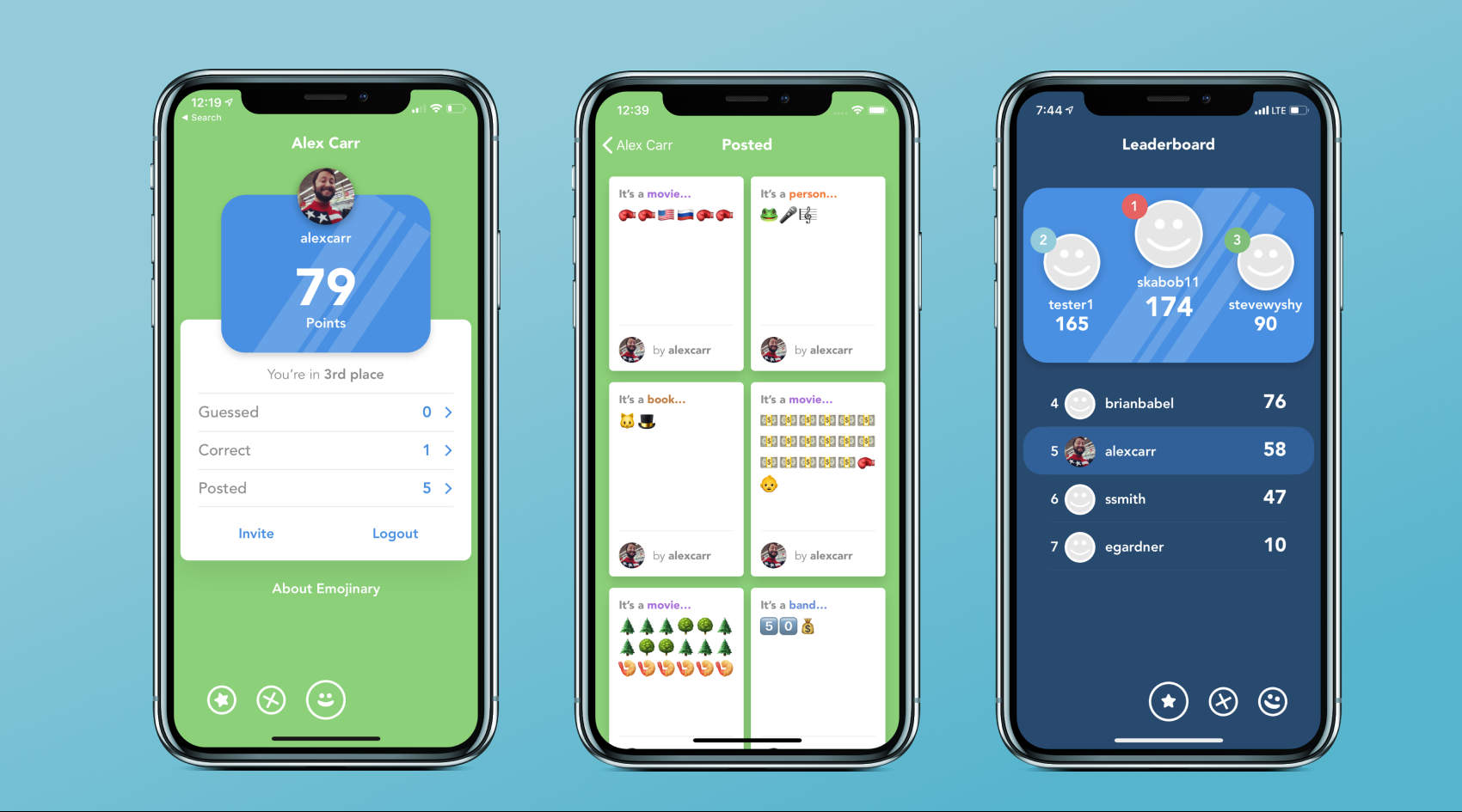 Three iPhones—the first showing a user's profile in Emojinary, the second showing clues they had previousl posted, and the third showing a leaderboard of players in Emojinary.