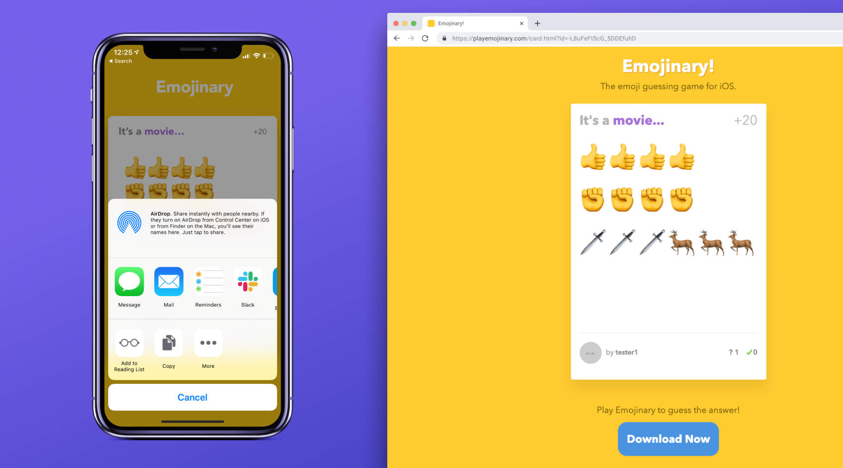 An iPhone showing a sharing window and a deskotp browser window showing the shared emoi clue.