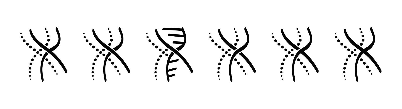 Six illustrations of various double-helix.