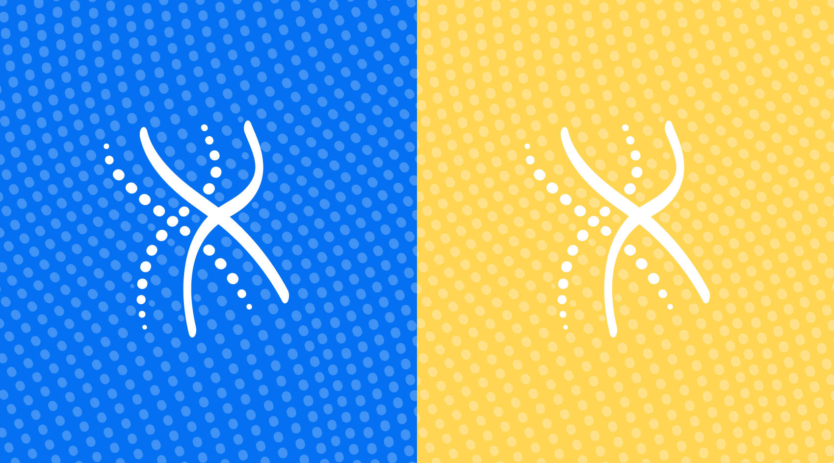 Two Epigenesys marks surrounded by a dotted pattern on a blue background and a yellow background
