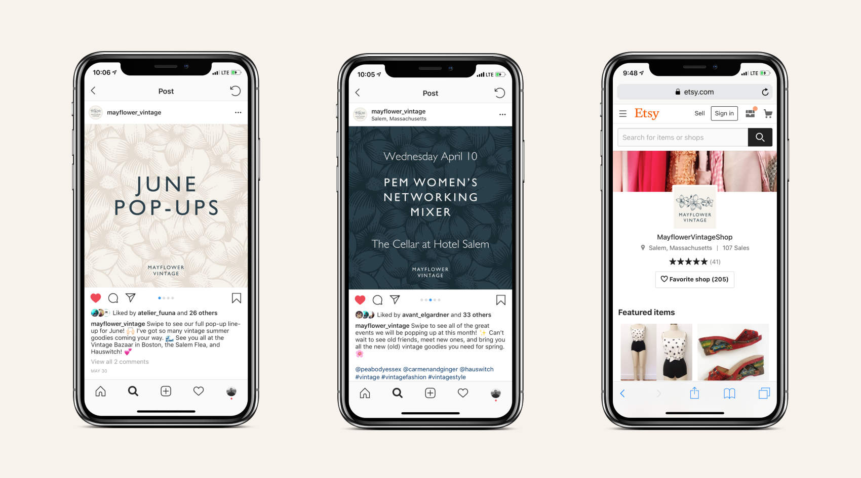 Three iPhones with the first showing an Instagram post that reads 
