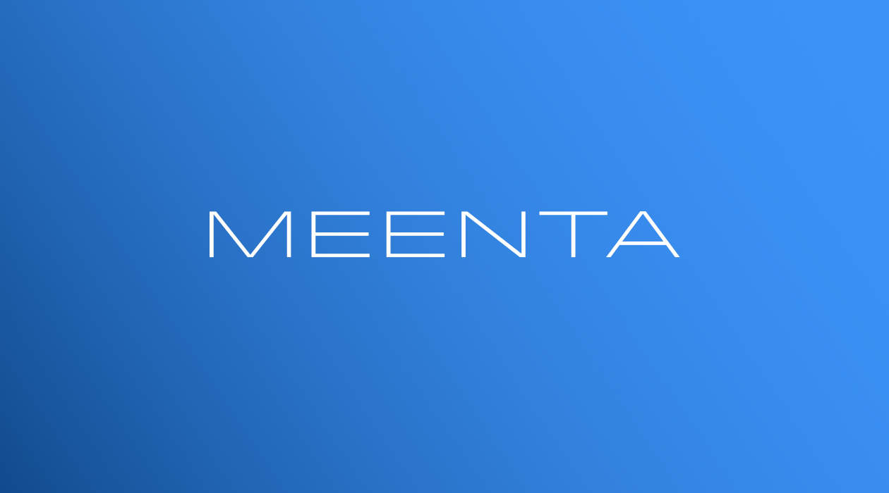 Image of the Meenta logotype set on a blue background.