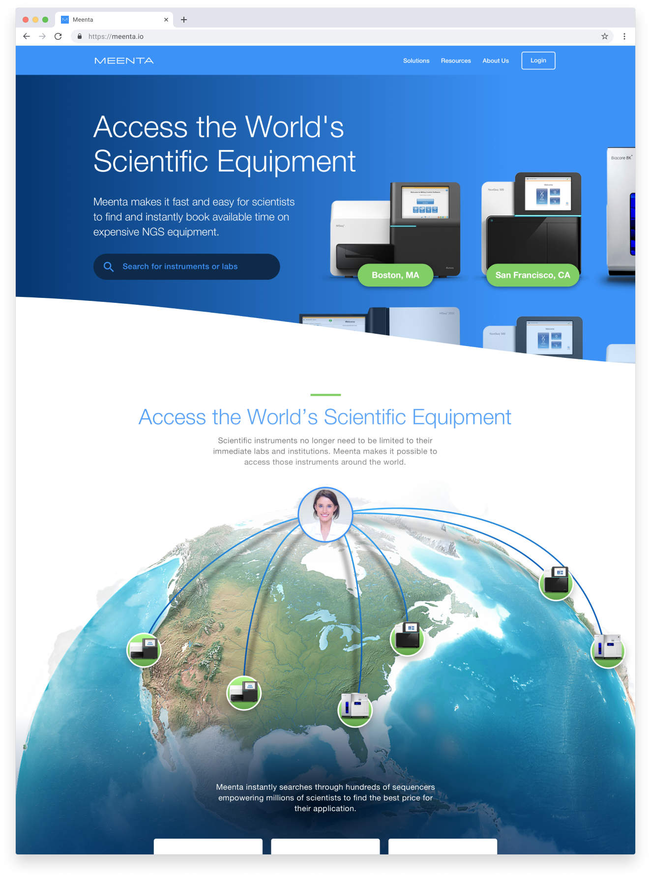 Image of the Meenta homepage including the title 'Access the World's Scientific Equipment' along with a search bar for finding instruments.