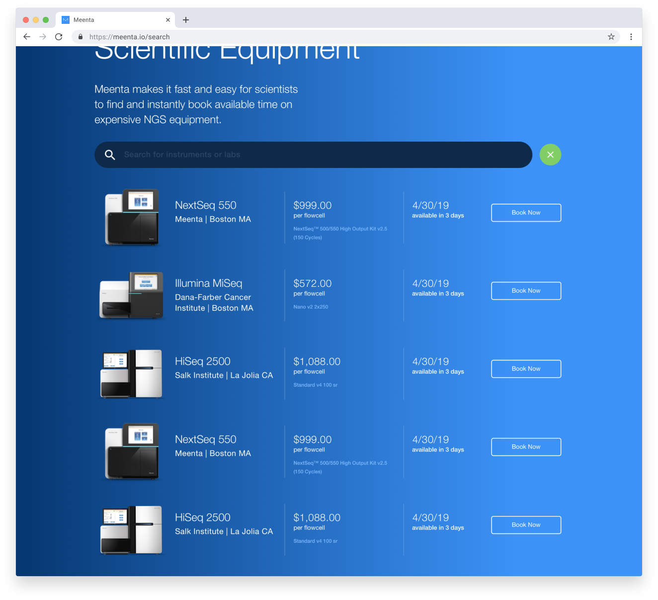 Image of the Meenta's public search results showing various instruments, their price, and availability.
